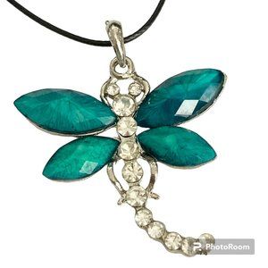 Vtg Dragonfly Necklace Pendant Insect Aqua Crystal Silver Plated Black Cord 18"